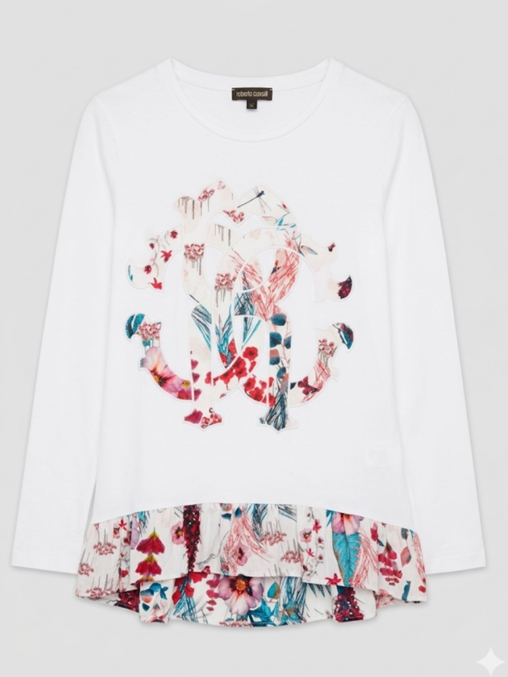 Roberto Cavalli Junior White Long Sleeve Top with Floral Logo and Ruffle Hem
